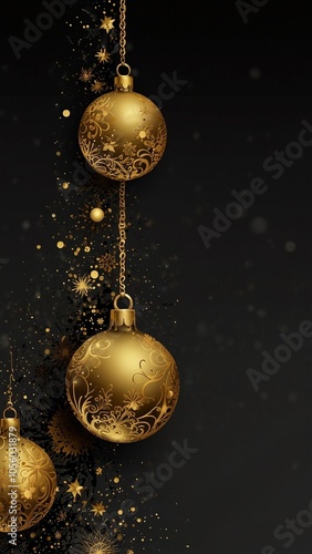 Black vertical background with gold Christmas balls and copy space. New Year, winter holidays. 