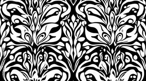 A black and white abstract floral pattern with intricate designs and shapes.