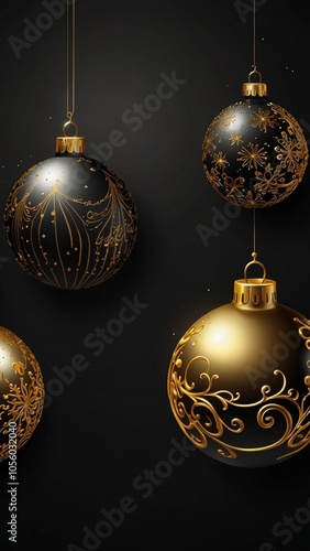 Black vertical background with gold Christmas balls and copy space. New Year, winter holidays. 