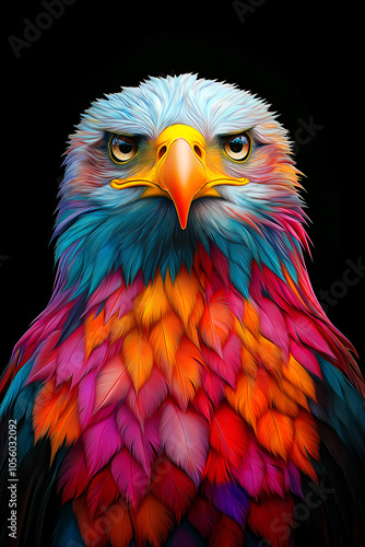 A Bald eagle with colorful, vibrant colors against a black background made in a digital art style, Oil painting effects, Poster design and picture design, Wall painting design