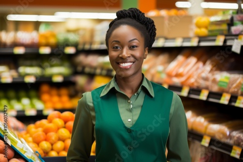 Portrait of a young African American female grocery store worker