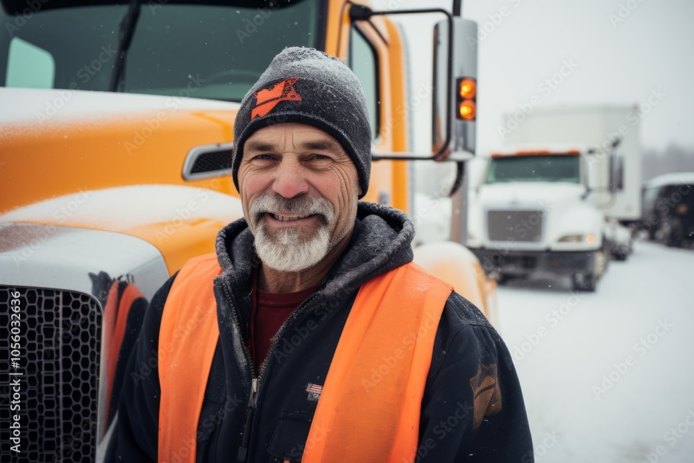Portrait of a smiling middle aged male truck driver on snow Portrait of a smiling middle aged male truck driver on snow