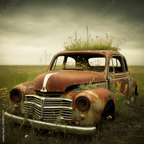 Flowers growing in a junk car jalopy bloomed wildflowers in a rusted wreck of an old car
