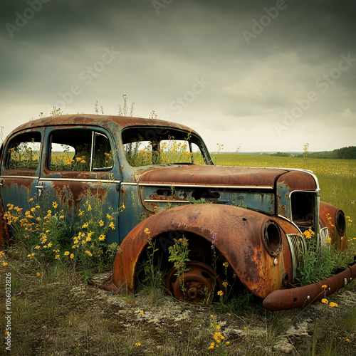 Flowers growing in a junk car jalopy bloomed wildflowers in a rusted wreck of an old car