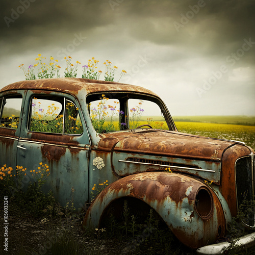 Flowers growing in a junk car jalopy bloomed wildflowers in a rusted wreck of an old car