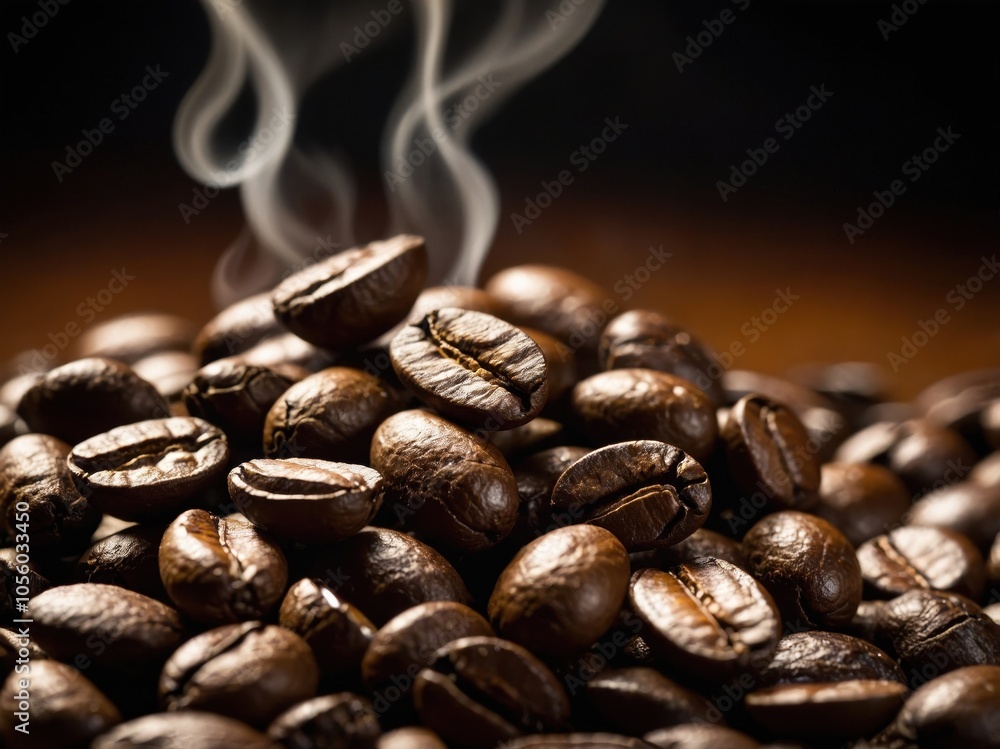 Fototapeta premium Close-up of coffee beans releasing aromatic steam, capturing the essence of freshly brewed coffee in a warm, inviting atmosphere