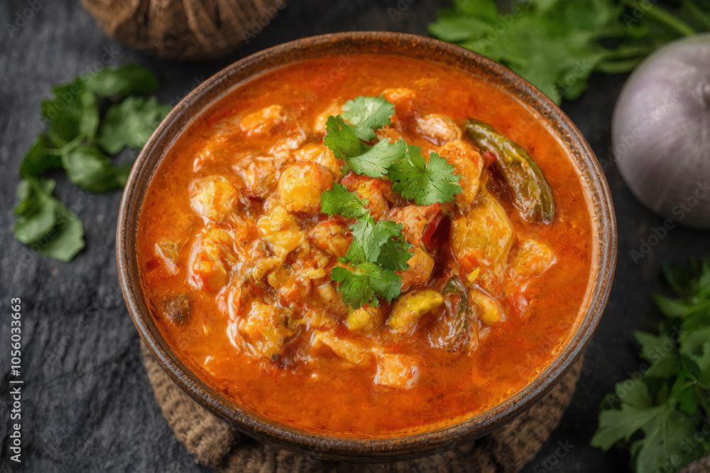 A vibrant bowl of spicy Thai red curry featuring creamy coconut milk, fresh vegetables, and aromatic herbs. For photo presentation, food promotional A vibrant bowl of spicy Thai red curry featuring creamy coconut milk, fresh vegetables, and aromatic herbs. For photo presentation, food promotional