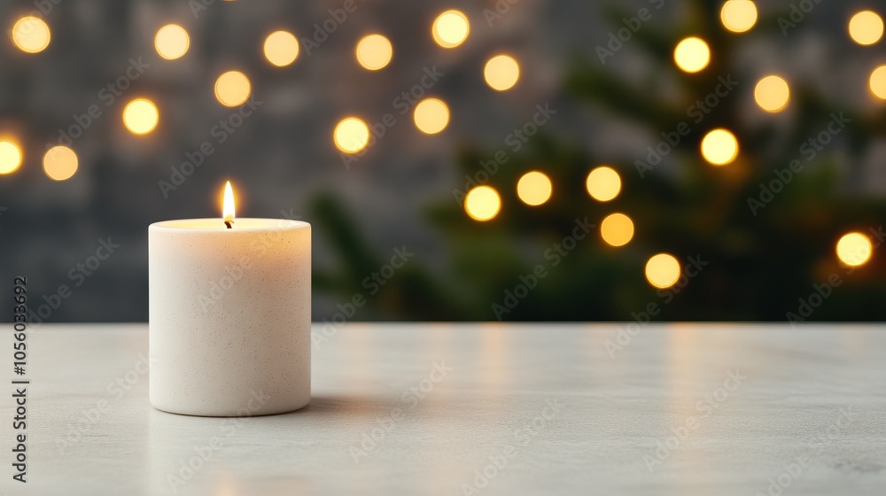 A lit white candle atop a wooden surface, with soft, warm bokeh lights glowing in the background, creating a cozy ambiance. A lit white candle atop a wooden surface, with soft, warm bokeh lights glowing in the background, creating a cozy ambiance.