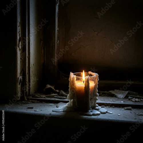 candle burning in a abandoned place a wax candle next to a rattrap window photo