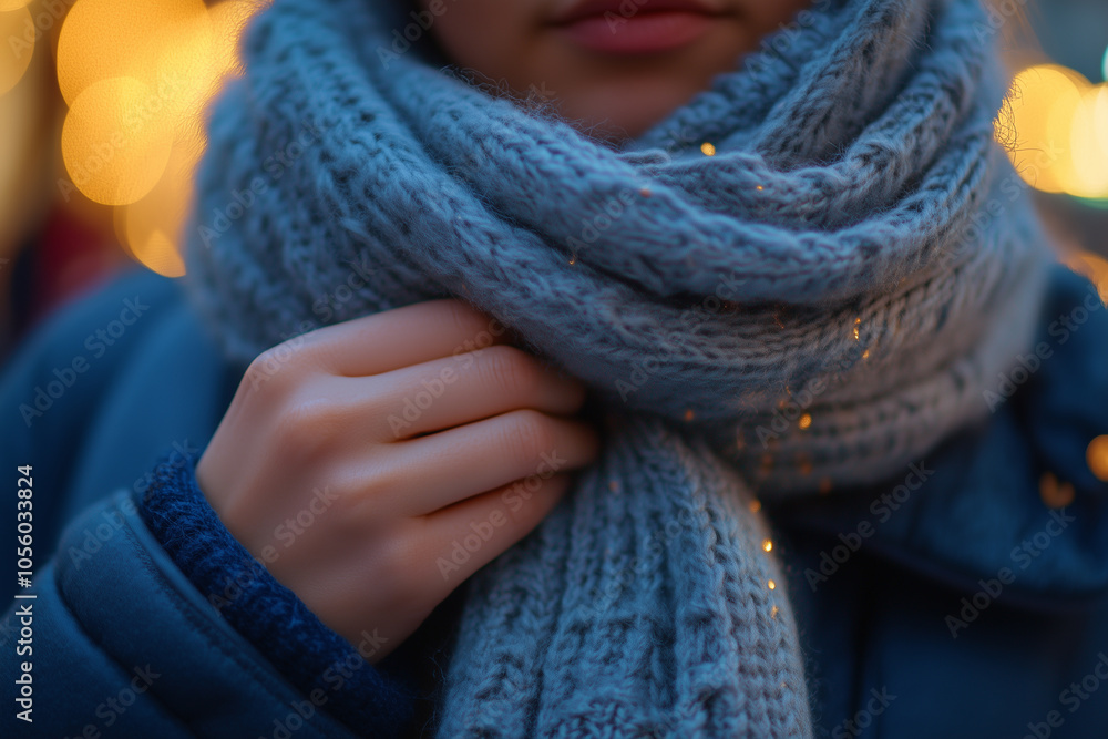 A person wrapping a scarf around their neck on a chilly day. A woman is elegantly adorned with a beautiful blue scarf draped around her neck A person wrapping a scarf around their neck on a chilly day. A woman is elegantly adorned with a beautiful blue scarf draped around her neck
