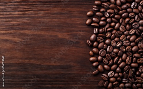 A close-up of roasted coffee beans scattered on a dark wooden surface, showcasing their rich color and texture.