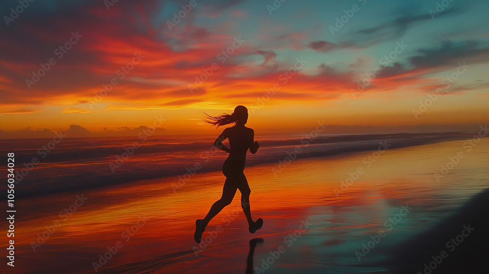 Silhouette of a Woman Running on Beach at Sunset Silhouette of a Woman Running on Beach at Sunset