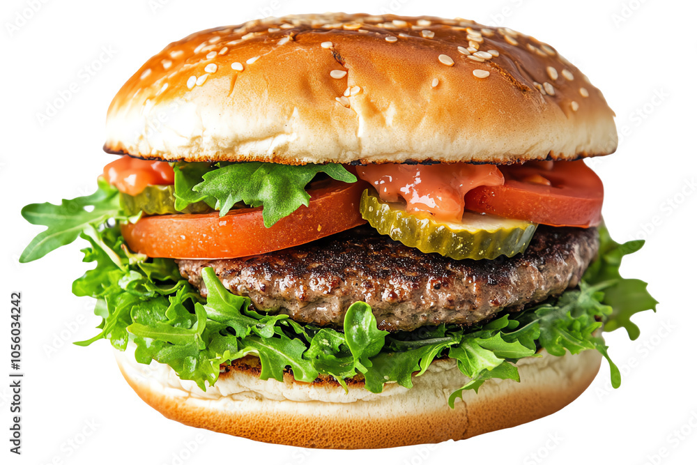 Delicious hamburger with fresh lettuce, tomato, pickles, and a juicy beef patty on a sesame seed bun. Delicious hamburger with fresh lettuce, tomato, pickles, and a juicy beef patty on a sesame seed bun.