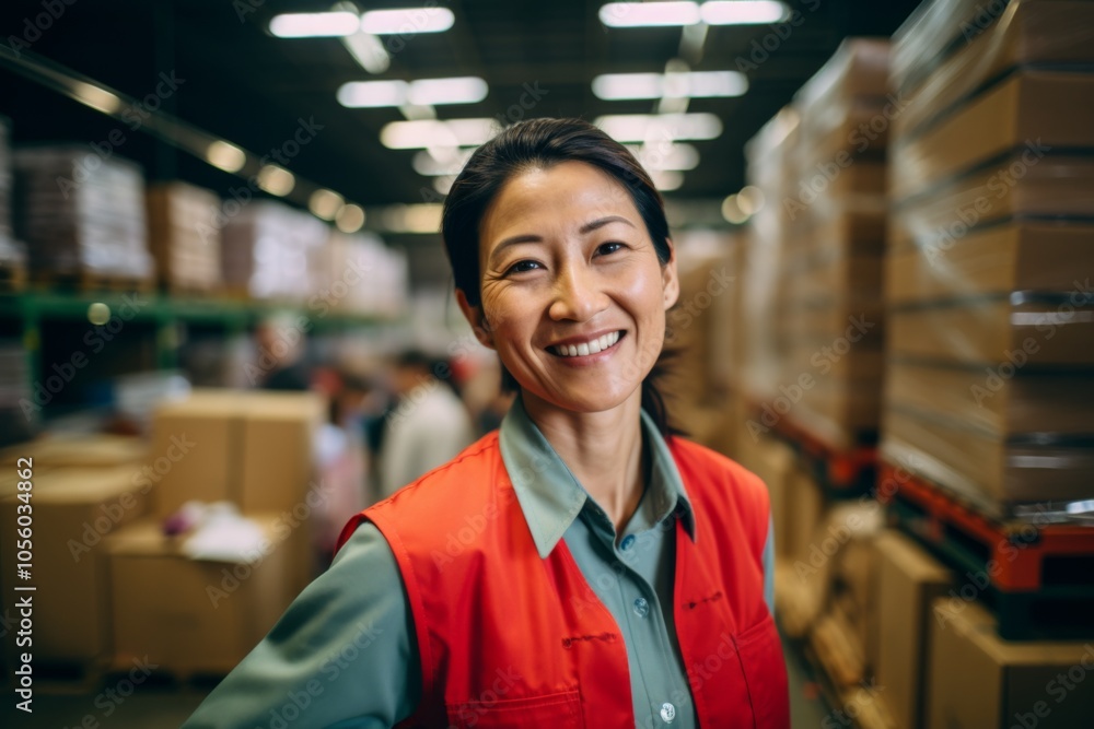 Portrait of a joyful middle aged female warehouse worker Portrait of a joyful middle aged female warehouse worker
