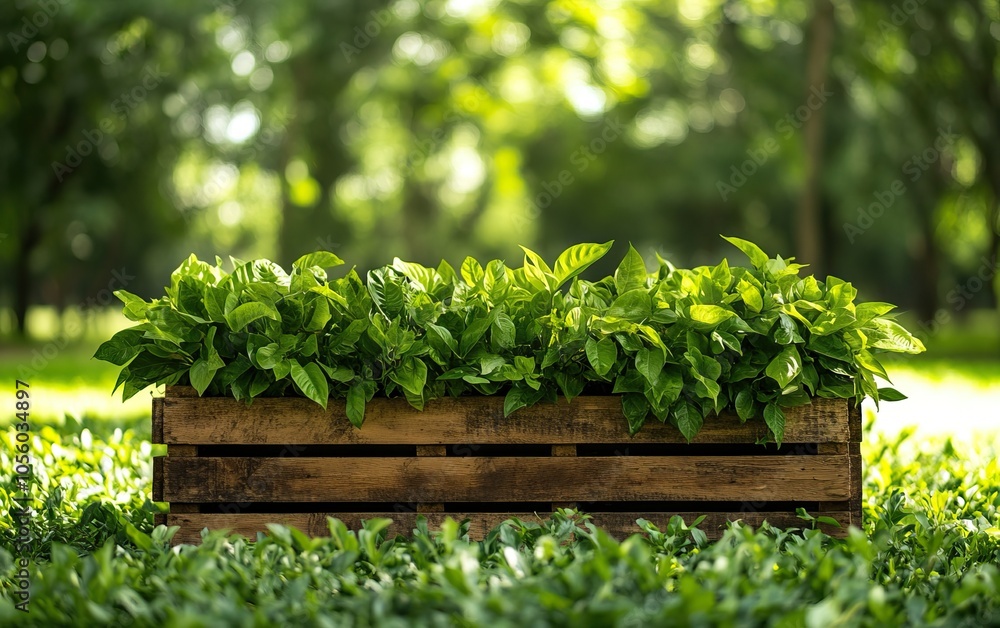 A wooden planter filled with lush green plants, set against a blurred natural background of trees and grass. A wooden planter filled with lush green plants, set against a blurred natural background of trees and grass.
