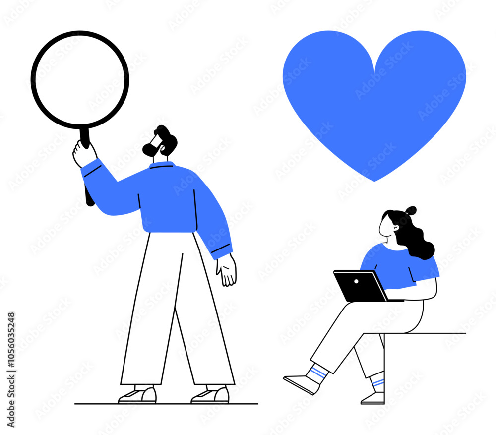 Man holding a magnifying glass, examining, while a woman uses a laptop seated beneath a blue heart. Ideal for teamwork, online dating, research, digital learning, collaboration, tech support Man holding a magnifying glass, examining, while a woman uses a laptop seated beneath a blue heart. Ideal for teamwork, online dating, research, digital learning, collaboration, tech support