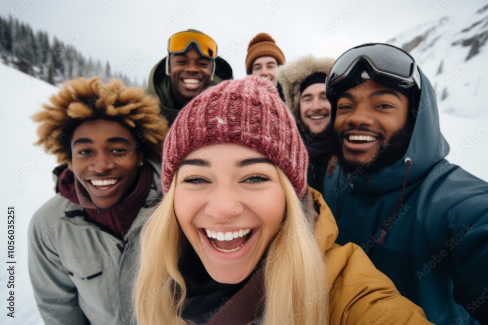Diverse group of smiling snowboarders on a snowy mountain Diverse group of smiling snowboarders on a snowy mountain