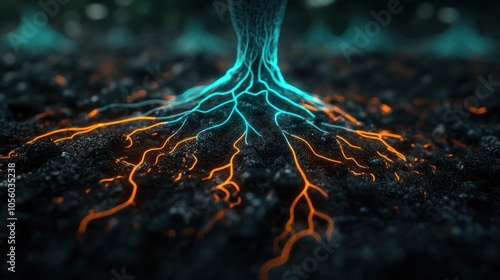 A vibrant depiction of luminous roots extending through dark soil, symbolizing growth and connection. photo