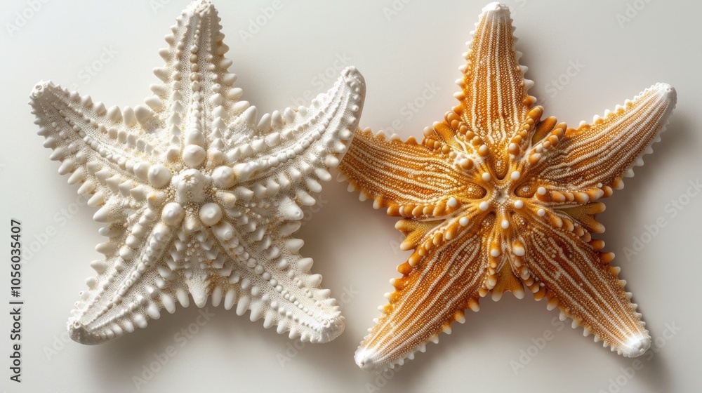 Two starfish, one white and one orange, are shown on a white background. Two starfish, one white and one orange, are shown on a white background.
