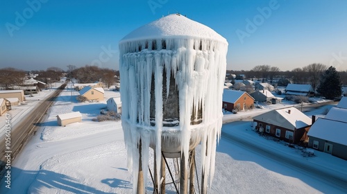Fototapeta Naklejka Na Ścianę i Meble -  Aerial view of a water tower covered with icicles in a small town during winter, with snow-covered houses and streets surrounding the tower, under a clear blue sky.