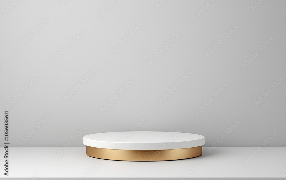A minimalist display pedestal with a white top and gold base, set against a neutral wall, ideal for showcasing products or artworks. A minimalist display pedestal with a white top and gold base, set against a neutral wall, ideal for showcasing products or artworks.