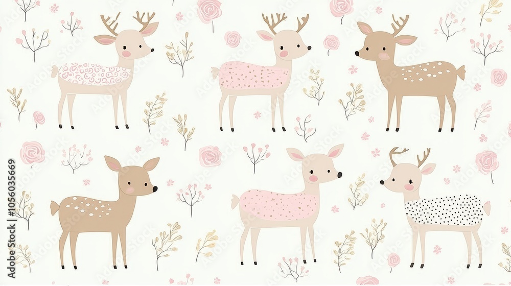 Cute cartoon deer pattern with floral elements in pink and brown. Cute cartoon deer pattern with floral elements in pink and brown.