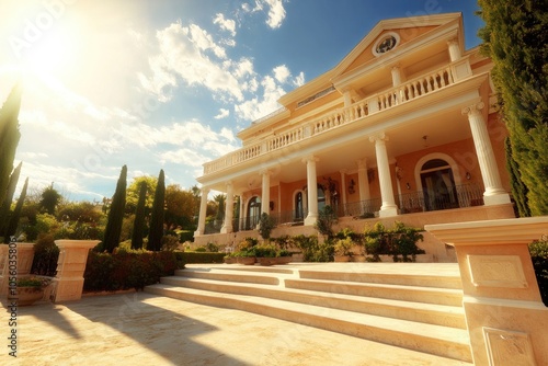 A striking low-angle perspective of a luxury villa, highlighting its expansive terraces, elegant columns, and beautifully landscaped gardens beneath a bright sun. photo