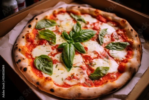 Neapolitan pizza margherita served in a cardboard box