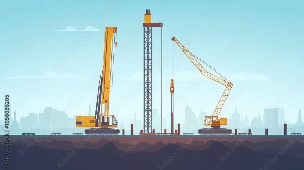Two yellow construction cranes working on a building foundation in a cityscape. Two yellow construction cranes working on a building foundation in a cityscape.