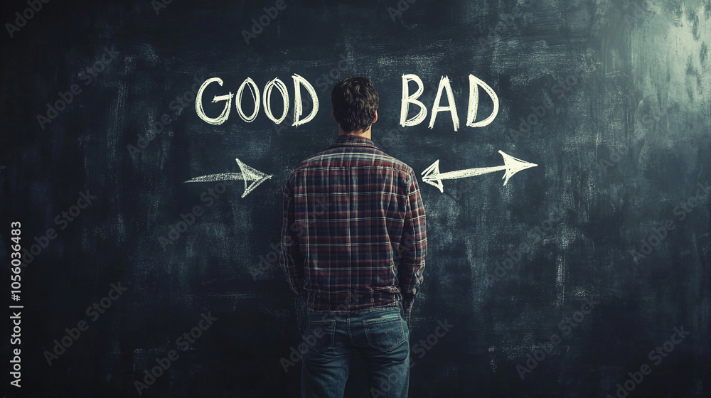 Man Facing Decision Good vs Bad Choice Chalkboard Background Man Facing Decision Good vs Bad Choice Chalkboard Background