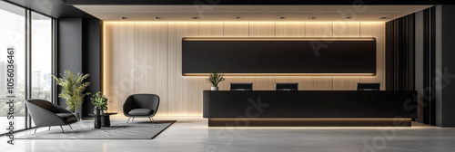 Minimalist office lobby with neutral tones, sleek black furniture, and a stylish reception desk photo