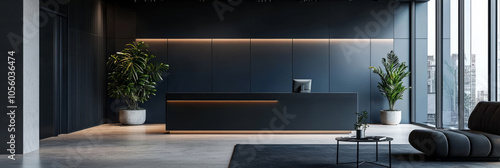 Minimalist office lobby with neutral tones, sleek black furniture, and a stylish reception desk photo