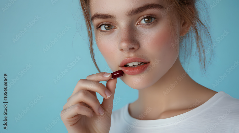 A young woman holding a vitamin tablet or a pill against a bright background A young woman holding a vitamin tablet or a pill against a bright background
