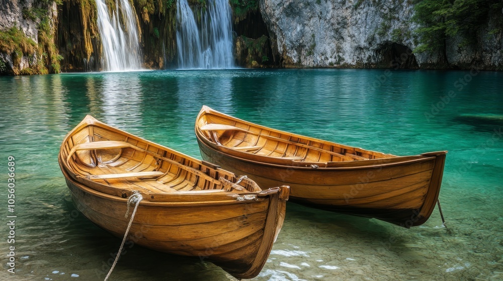 Two wooden rowboats are tied to the shore of a crystal clear lake with a waterfall in the background. Two wooden rowboats are tied to the shore of a crystal clear lake with a waterfall in the background.