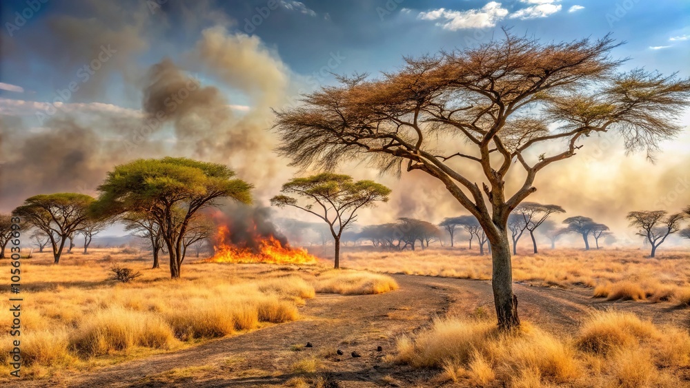 Spreading wildfire in a dry savannah landscape with charred remains of trees and acacia bushes, natural disaster, desolate, smoke, wildfire Spreading wildfire in a dry savannah landscape with charred remains of trees and acacia bushes, natural disaster, desolate, smoke, wildfire