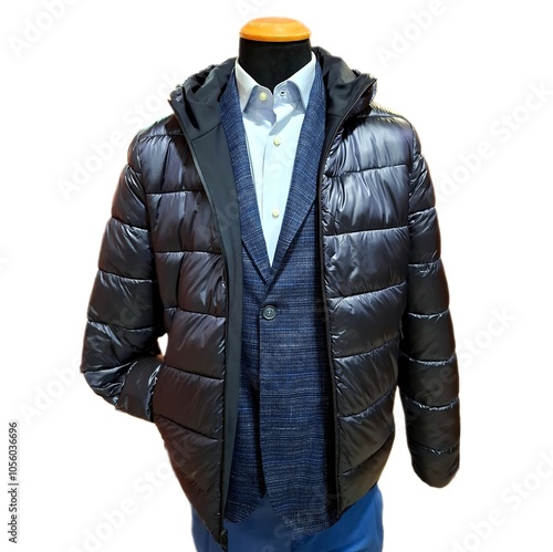 mannequin with blue double-face men's rain jacket with hood, isolated on white background