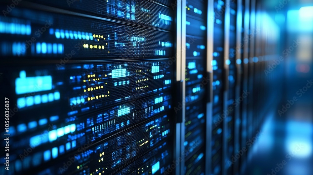 Close-up of servers with blinking lights in a data center Close-up of servers with blinking lights in a data center