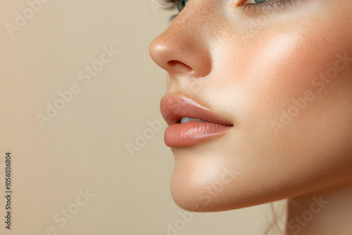 A closeup portrait of a woman with clear skin without makeup with radiant, smooth skin