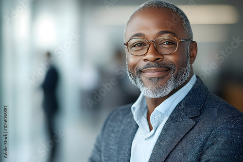 An older handsome businessman in his 50s, smiling and looking in the camera and smiling 