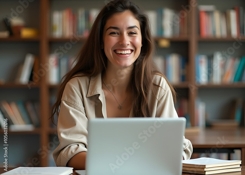 Young woman smiles while studying in library, surrounded by books and laptop, happy and carefree.