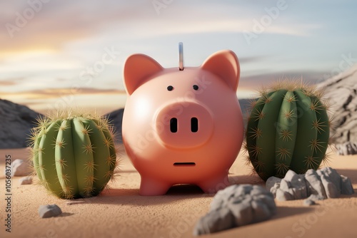 A vibrant 3D render showcasing a close-up shot of a piggy bank surrounded by cacti in a desert landscape. Perfect for depicting savings and finance.
