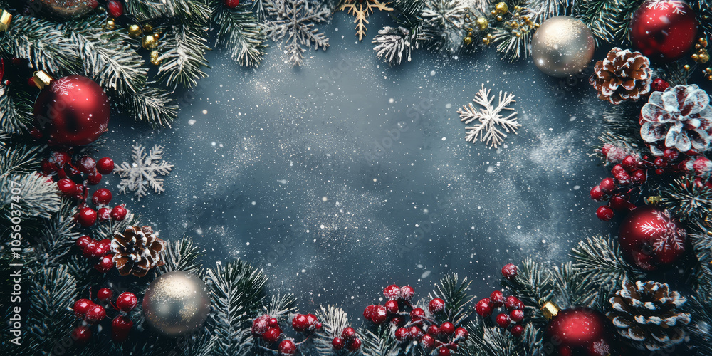 Flat lay of a winter-themed Happy New Year background with a mix of festive ornaments, snowflakes. Flat lay of a winter-themed Happy New Year background with a mix of festive ornaments, snowflakes.