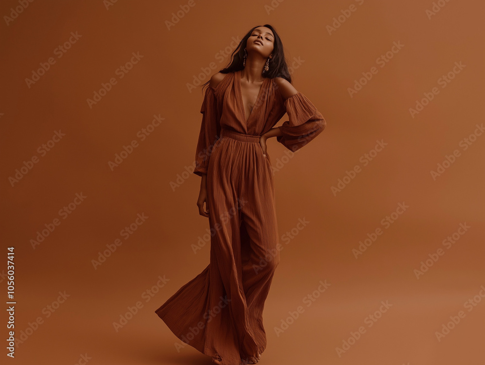 Piękna kobieta cała ubrana na brązowo na brązowym tle