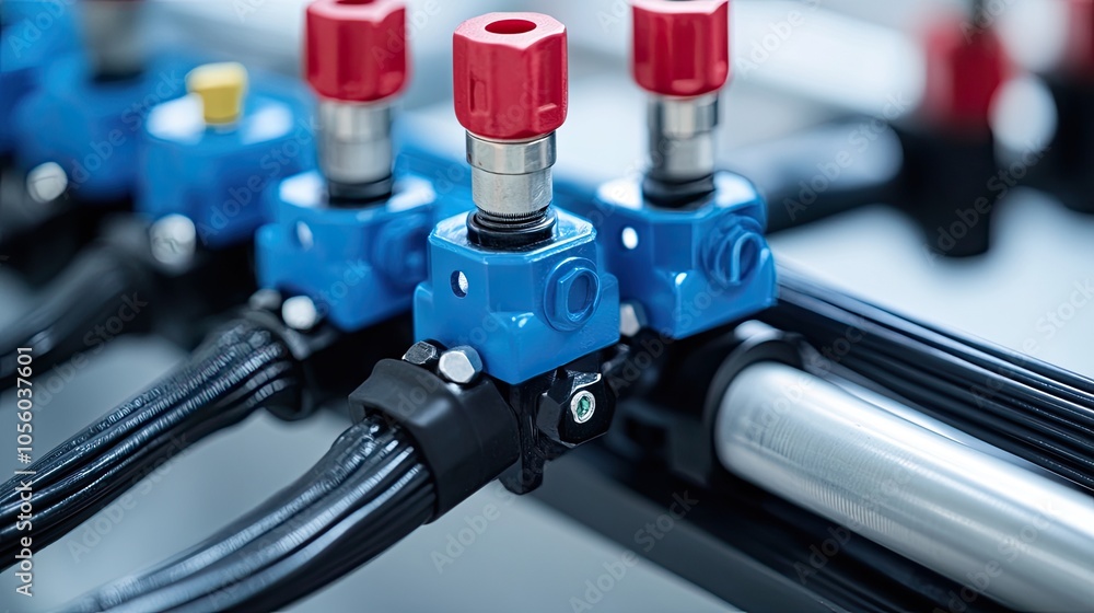 Hydraulic system setup with tubing and valves, isolated on a white background, representing factory engineering Hydraulic system setup with tubing and valves, isolated on a white background, representing factory engineering