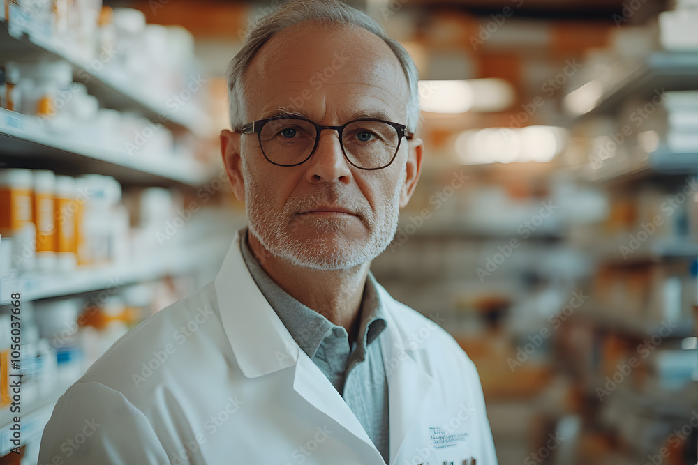 Male pharmacist wearing a white coat and working inside of the pharmacy store Male pharmacist wearing a white coat and working inside of the pharmacy store