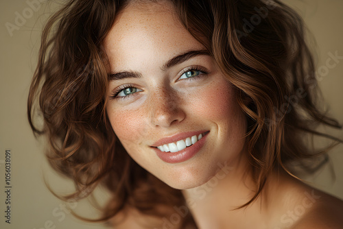 Beautiful woman with clear and with minimal makeup against a studio background