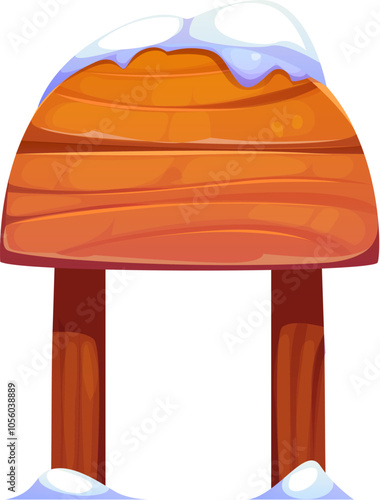 Wooden sign board with snow, winter Christmas North Pole directional billboard. Isolated cartoon vector signboard with two vertical posts and rounded top covered in snow, features rustic wood texture