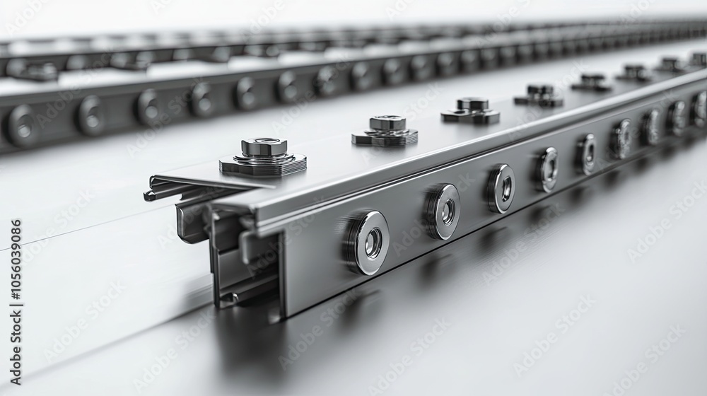 Metal conveyor system components and brackets isolated on white, illustrating factory line assembly essentials Metal conveyor system components and brackets isolated on white, illustrating factory line assembly essentials