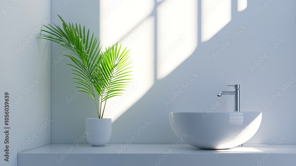 Fototapeta premium Minimalist Scandinavian bathroom with white walls, clean lines, and a touch of green from a small plant on the sink