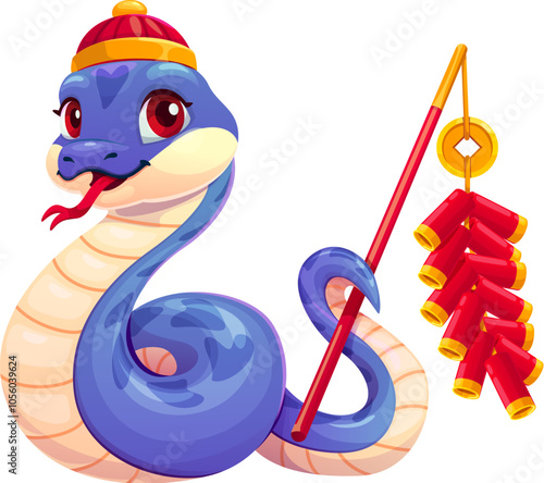 Chinese lunar New Year snake character for Asian holiday, cartoon vector. Funny snake in traditional Chinese costume with petards firecrackers and lucky golden coin for 2025 Chinese New Year calendar